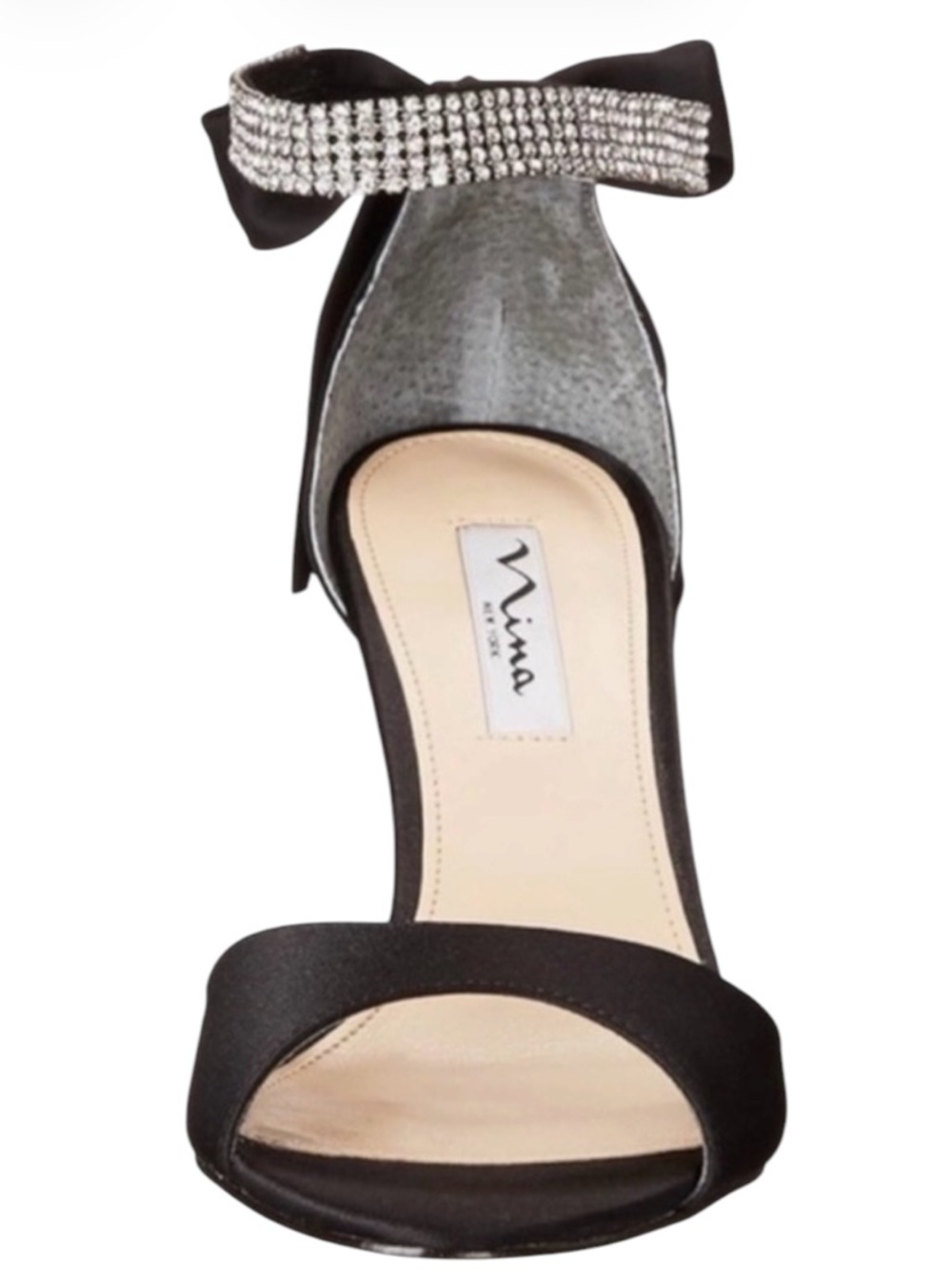 Nina Black Satin Rhinestone Strap Bow Tie Back Heels Size 8 1/2 - Picture 3 of 11